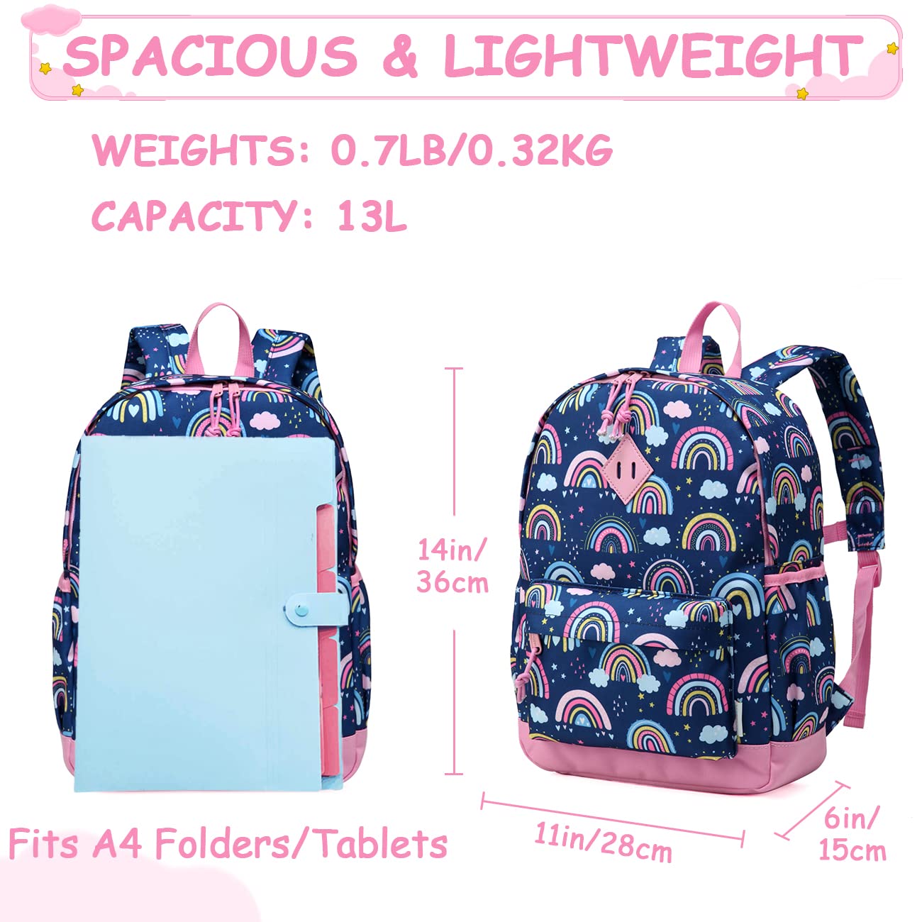 VASCHY Kids Backpack for Girls,Cute Animal Pattern School Bag Daily Children's Rucksack Backpack for School Kindergarten Nursery with Chest Strap And Bottle Pockets(Blue Rainbow)