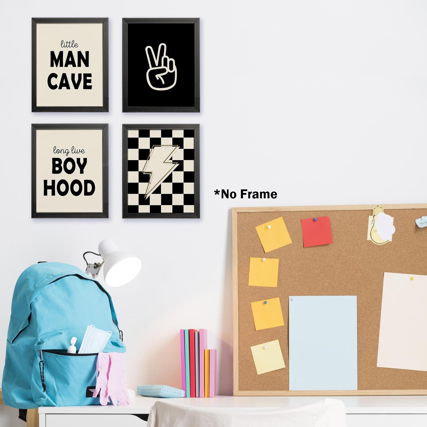 Little Man Cave Retro Preppy Checkered Lightning Peace Sign Long Live Boyhood Poster Prints for Boy Teen Room Dorm Decor, Preppy Yellowish-Black Decorations Prints Wall Art Unframed 4pcs 8x10inches