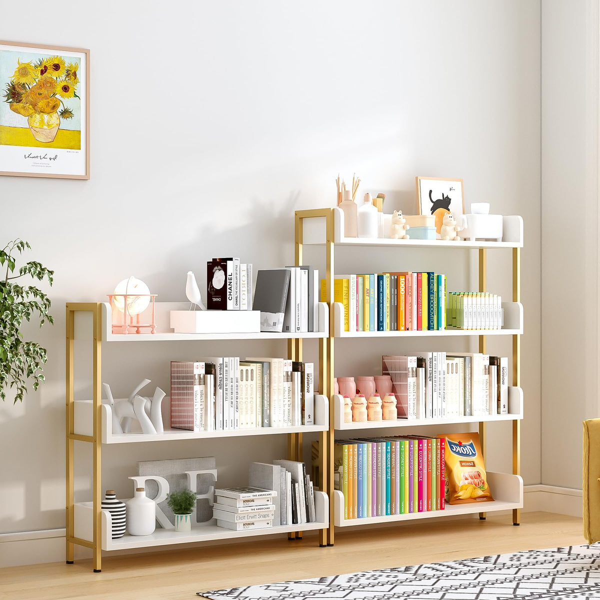 OSCHF Wide Open Shelf Bookcase - Modern 3-Tier Floor Standing Display Bookshelf with Three-Side Panels for Home and Office, Storage Shelving in Warm White with Gold Frame