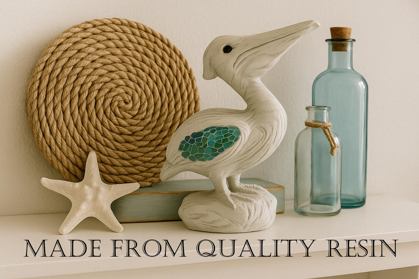 The Bridge Collection Decorative Pelican Figurine - Coastal Bird Sculpture with Mosaic Wing Detail - Nautical Accent Piece for Beach House and Ocean Inspired Decor