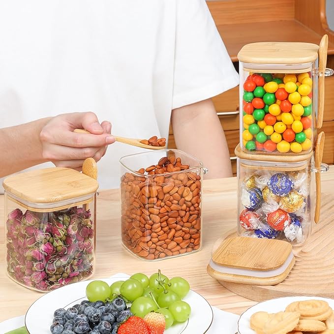 ComSaf 0.8 Qt Glass Jars with Bamboo Lids & Spoons Set of 4, Square Glass