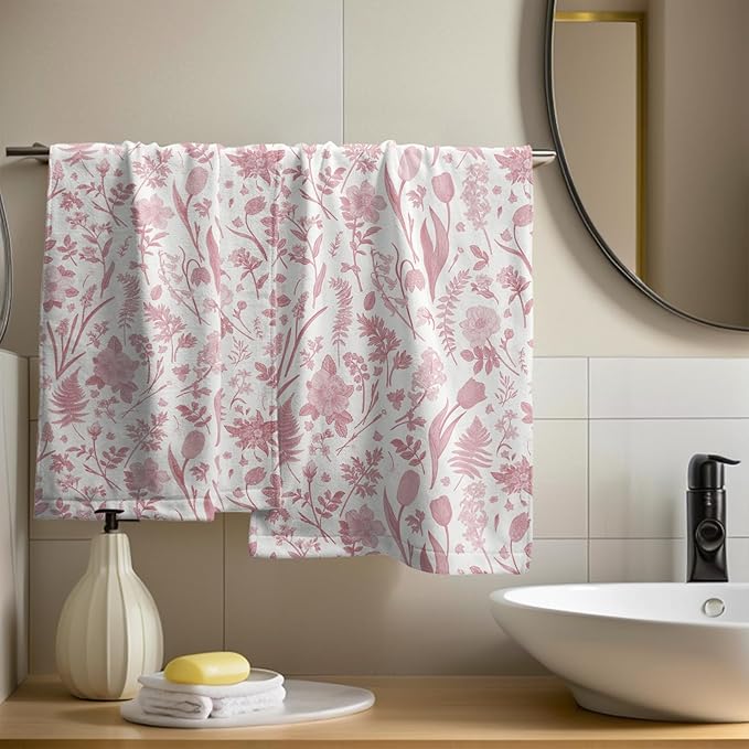 Spring Floral Hand Towels for Bathroom Set of 2 Pink White Flower Leaves