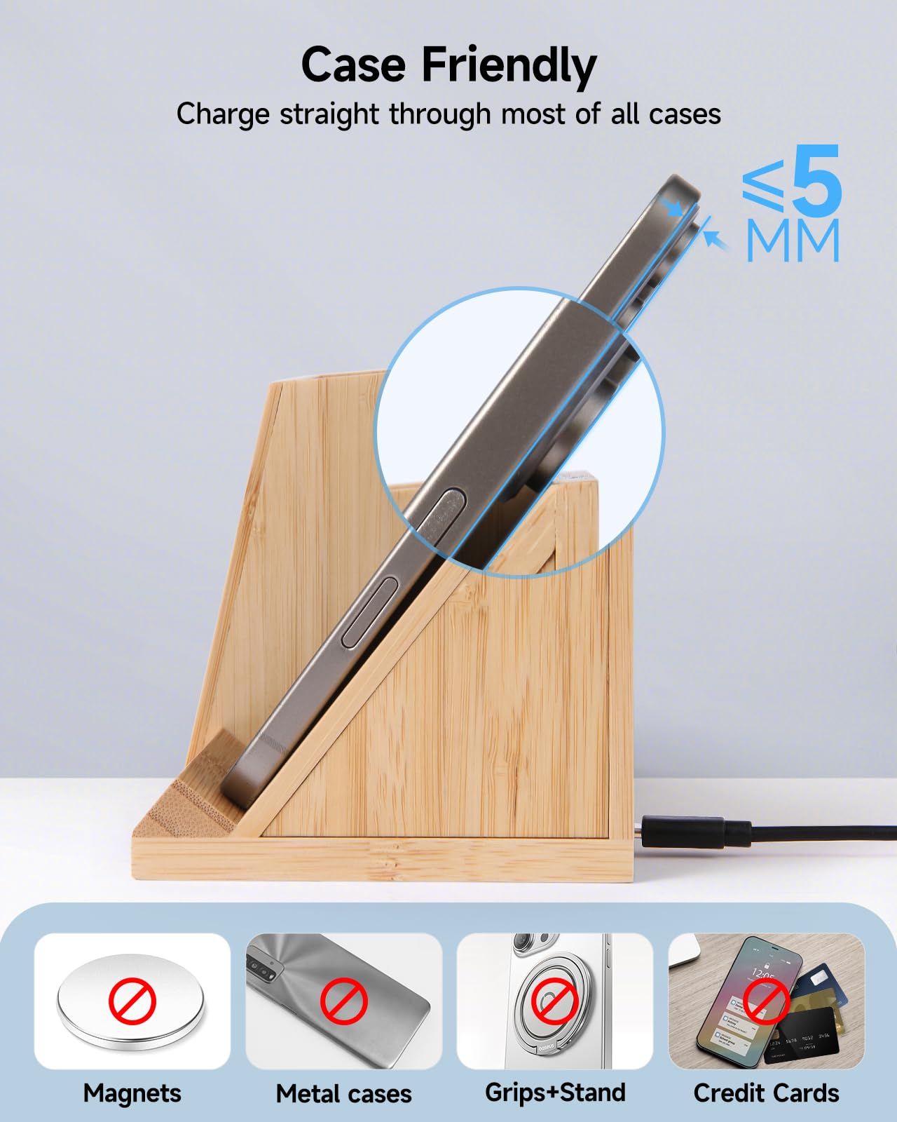 Bamboo Pen Holder for Desk & Nightstand Organizer with Fast Wireless Charging for iPhone, Samsung & More – Office Desk Accessories for Men/Women (Bamboo)