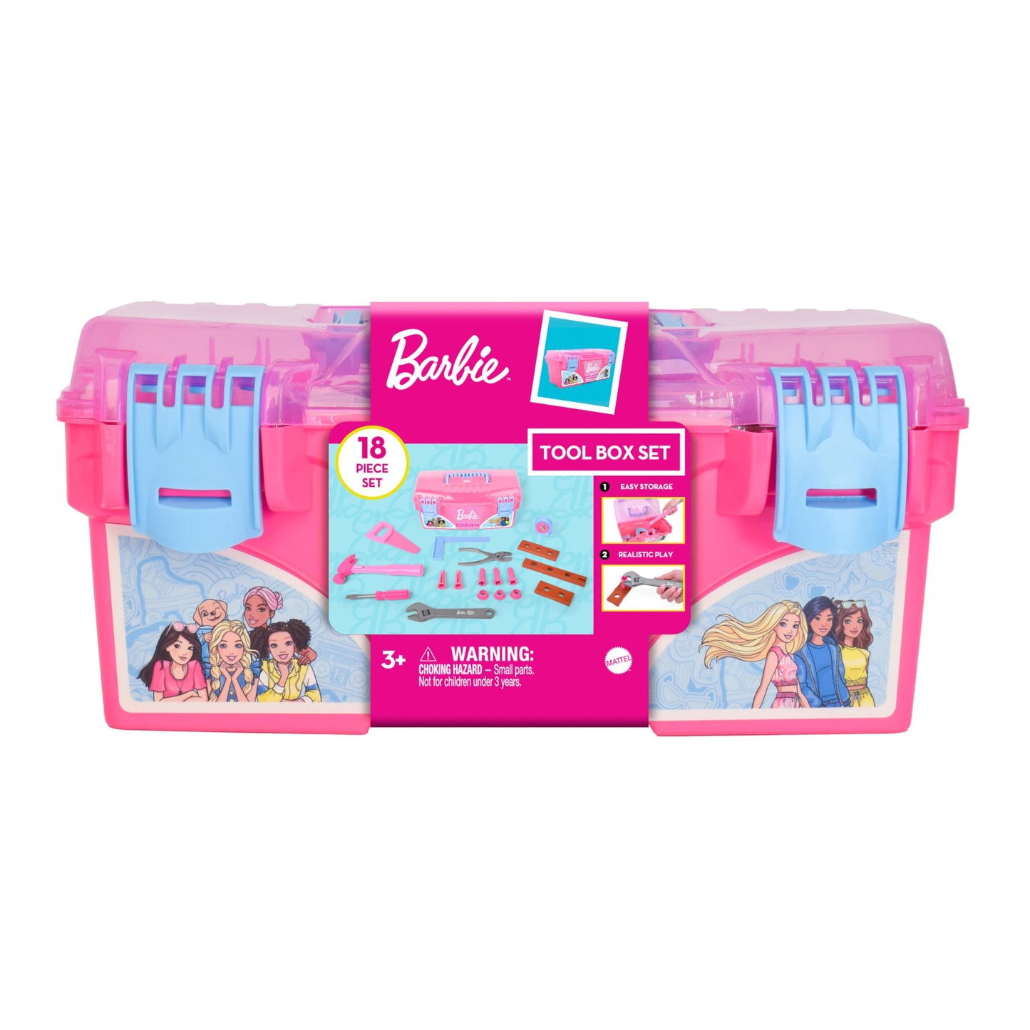Barbie Tool Box Playset – 18 Piece Deluxe Tool Set, Pretend Play Construction Tools with Tape Measure, Girls Pink Tool Box with Handle, Perfect Preschool Role Play Toy for Kids