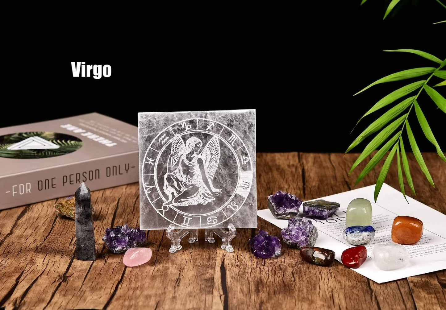 AMOYSTONE Selenite Crystal Charging Plate for Healing Crystal Stone Selenite Pieces Square Slab Etched Virgo 4" with Stand