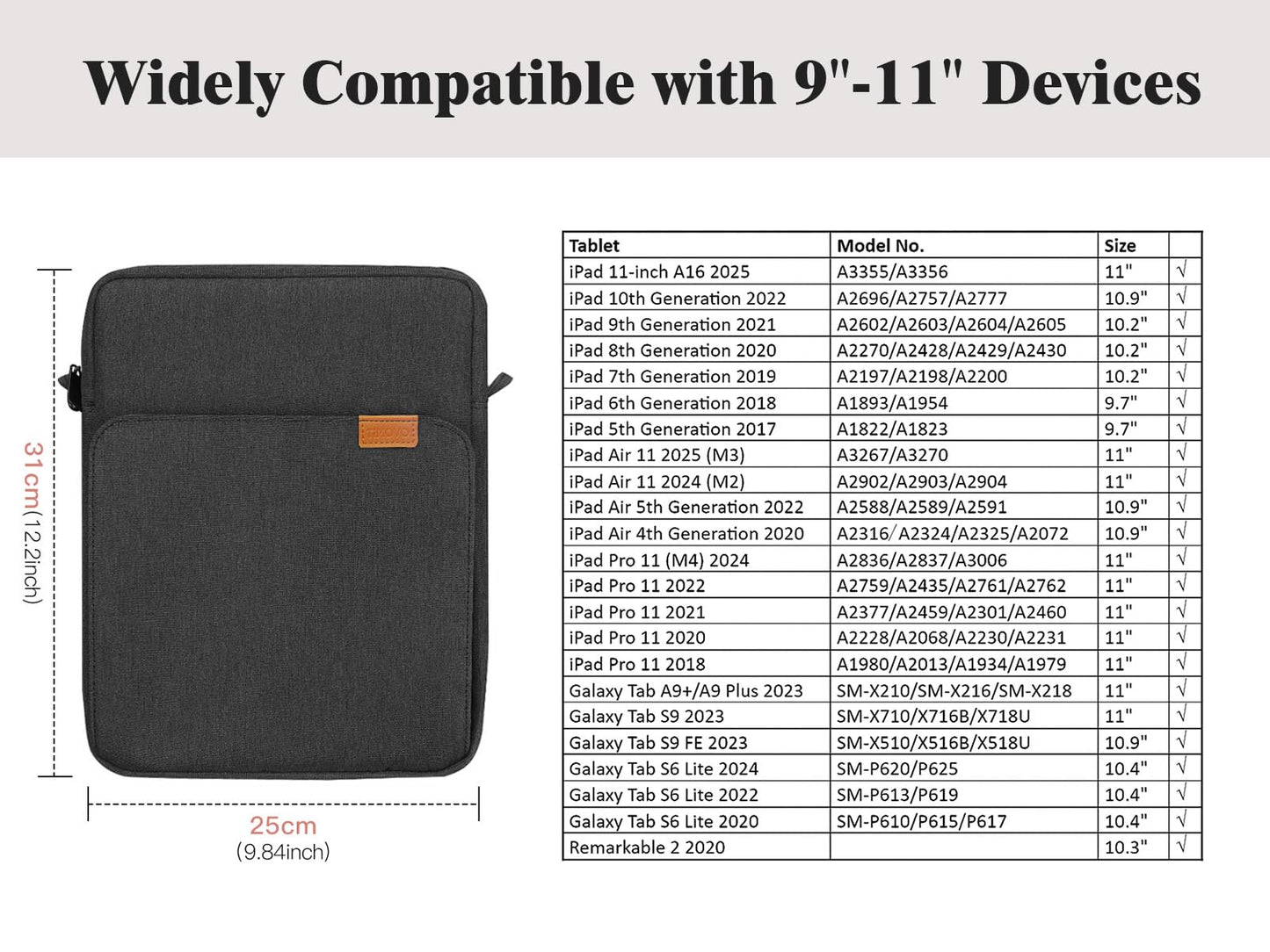 TiMOVO 9-11 Inch Tablet Sleeve Bag with Shoulder Strap for iPad 11-inch A16 2025, iPad 10th Gen. 10.9"/10.2", i Pad Air 11/5th/4th Gen.10.9", Galaxy Tab A9 Plus 11", Black & Grey