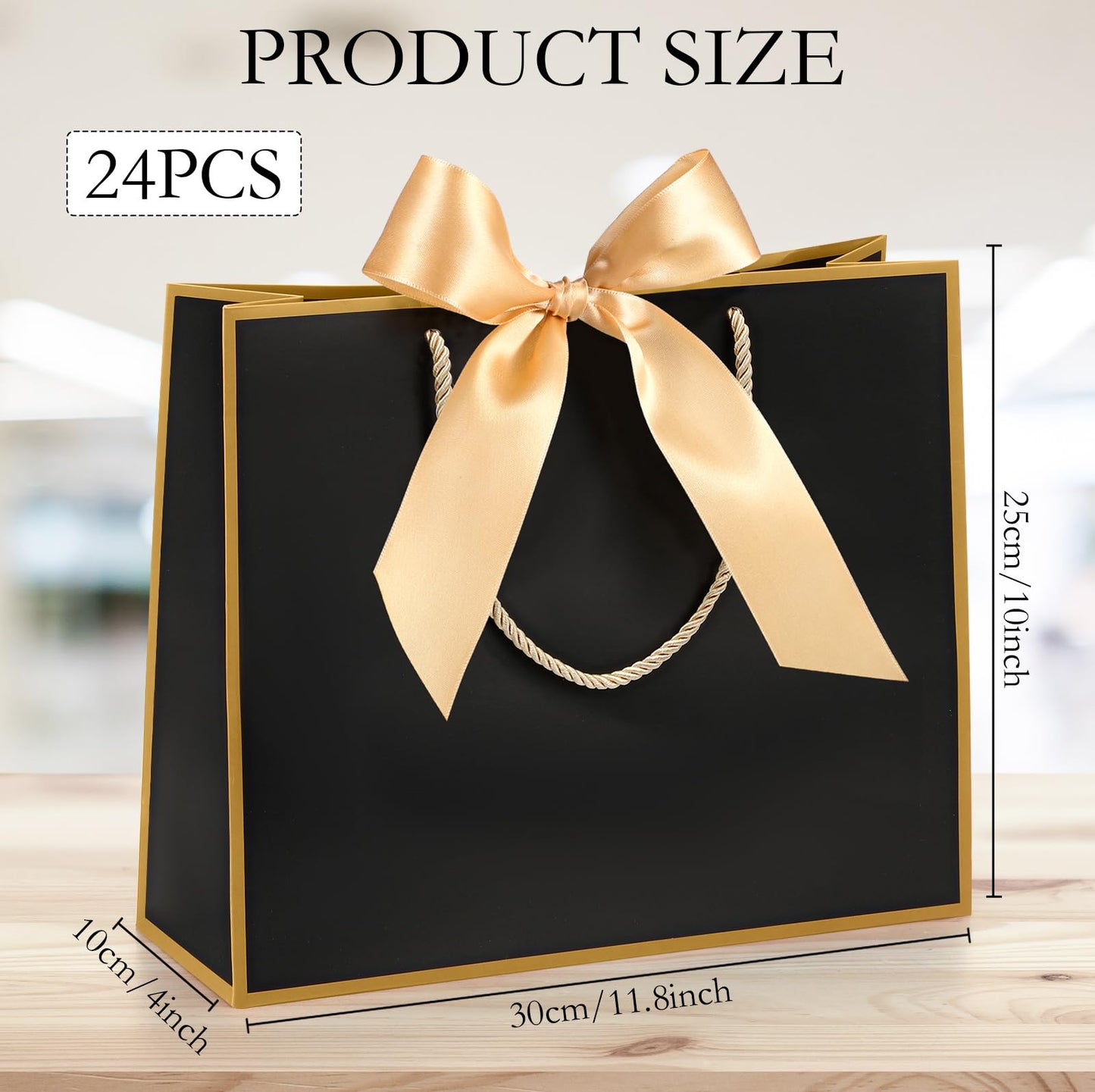 Silkfly 12 Pcs Thank You Gift Bags with Handle 12x10x4'' Welcome Elegant Gifts Bag with Bow Ribbon for Mother's Day Wedding Graduation Bridesmaid Baby Shower Birthday Housewarming (Black)