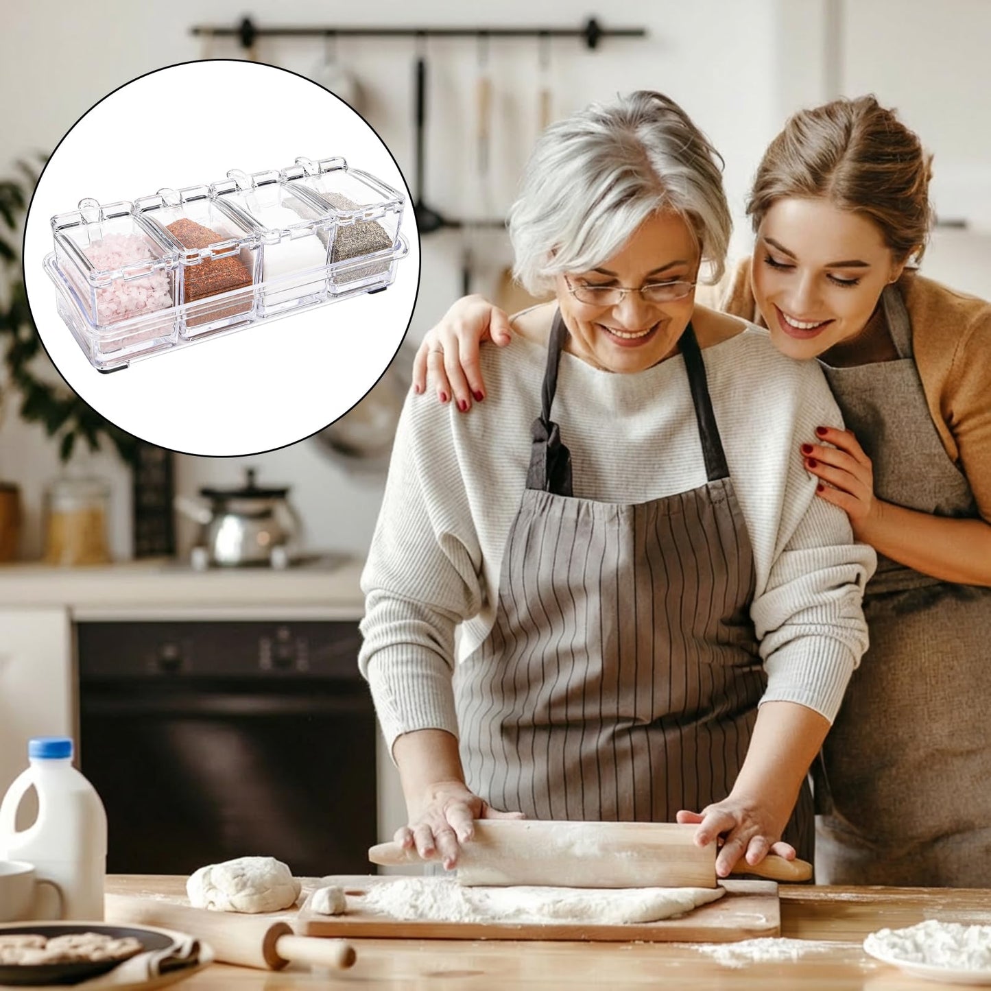 Yesland Clear Seasoning Rack Spice Pots - 4 Piece Storage Container Condiment Jars - Acrylic Seasoning Box, Cruet with Cover and Spoon