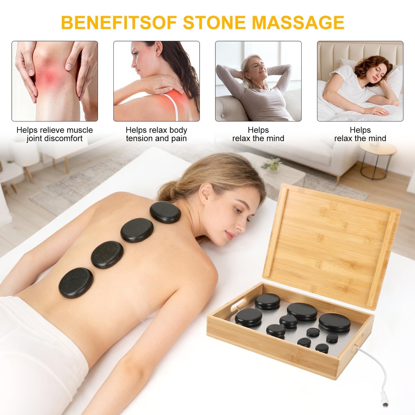 OnVisit Hot Stone Massage Set with Warmer Kit, 10 PCS Rocks Stones with Bamboo Heater Box, Temperature Control and Timing Setting, Massage Stone Heater for Spa & Home Use