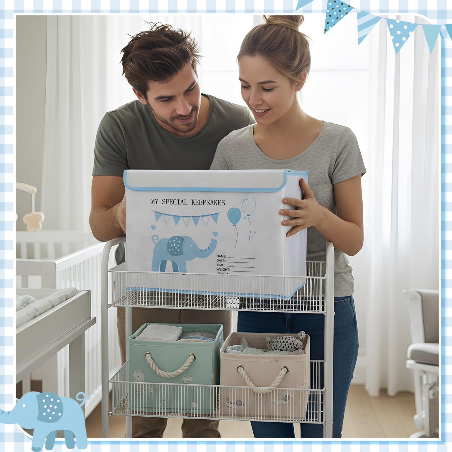 LemonRoad Baby Memory Keepsake Box 16x12x12inch Baby Shower Elephant First Keepsake Box New Parent Newborn Baptismal Birthday Gift for Mementos Travel Loved Ones Treasured Keepsakes(Blue)