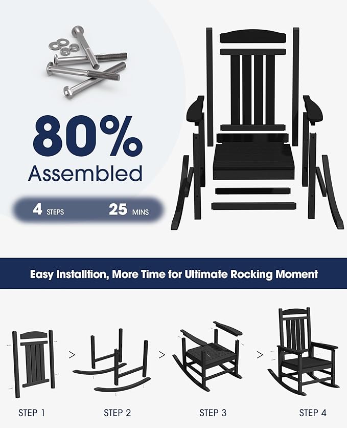 KINGYES Oversized HDPE Outdoor Rocking Chair Set of 2, Widened Seat Patio Rocking Chair, All Weather Patio Rocker, Black