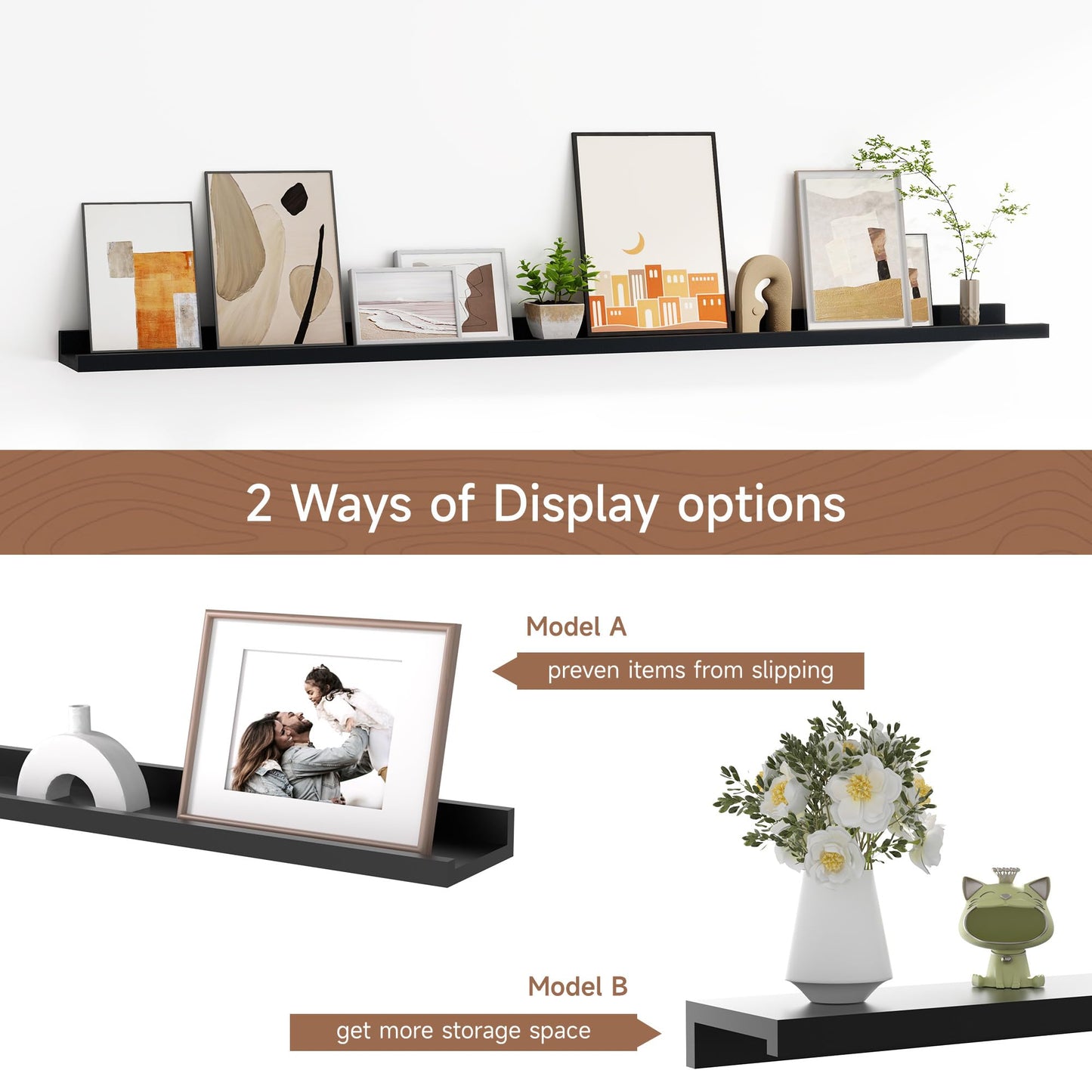 Floating Picture Ledge Shelves for Wall Set of 2, 55 Inches Picture Shelf with Ledge, Nursery Book Shelf for Toys Storage Kids Bookshelf Wall Mounted Living Room Bedroom Decor Frames, Black