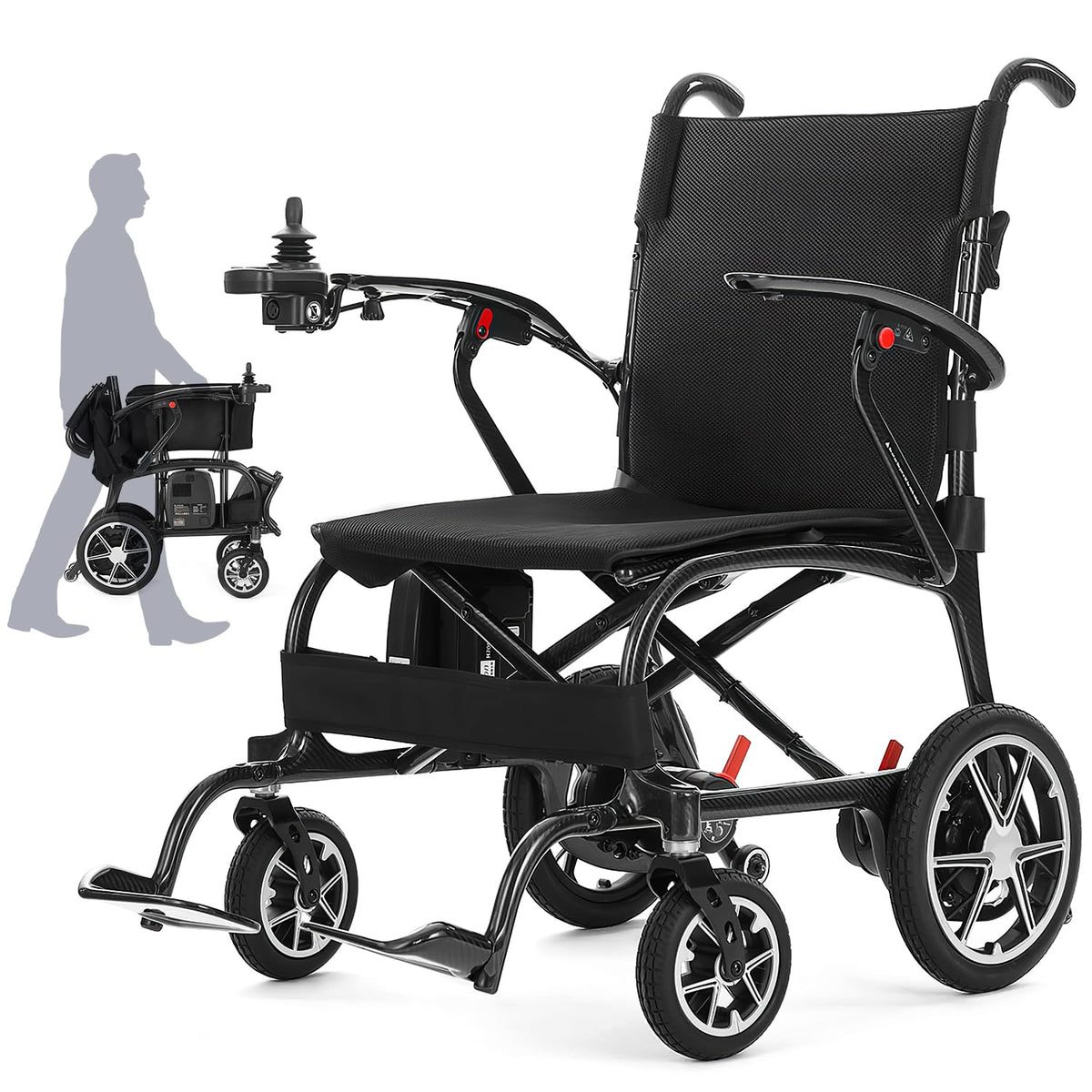 22 lbs Lightweight Electric Wheelchair, Ultra-Light Carbon Fiber Motorized Wheelchair for Adults, Dual-Battery Foldable Power Chair with Remote Control, Portable Airline-Approved Travel Wheelchair