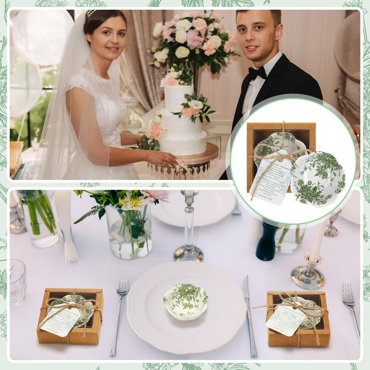 Teenyyou 40 Pack Wedding Favors for Guests Small Ceramic Bowls Bulk Gifts Set 3.3 Inch Sage Green Verdure Design Mini Dipping Bowl Sauce Dish with Cards Box for Party Shower Favor Souvenir