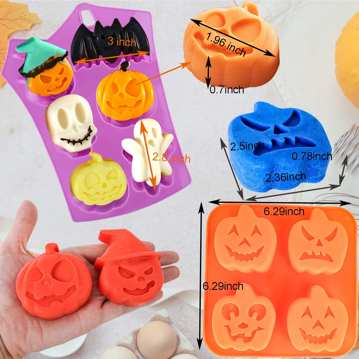 Pumpkin Silicone Mold Halloween Cake Mold 5 Piece Chocolate Molds With Ghost, Bat & Witch Hat Cookie Molds for Candy, Gummy, Jello, Ice Cube, Crayon Melt, Biscuits, Soap Baking