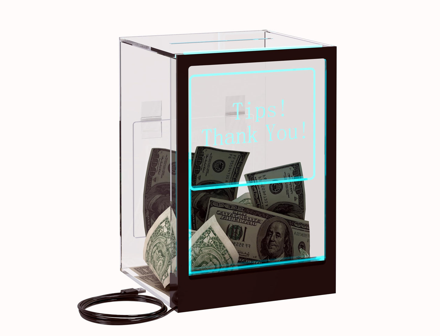HEMYLU Tip Jar with 2 Sign Holders, LED Light & Lock for Bar & Party, Donation Box with Sign Holder ''Tips! Thank You!'', Suggestion Box with DIY Blank Sign Holder for Getting Cards, Voting & Ballots