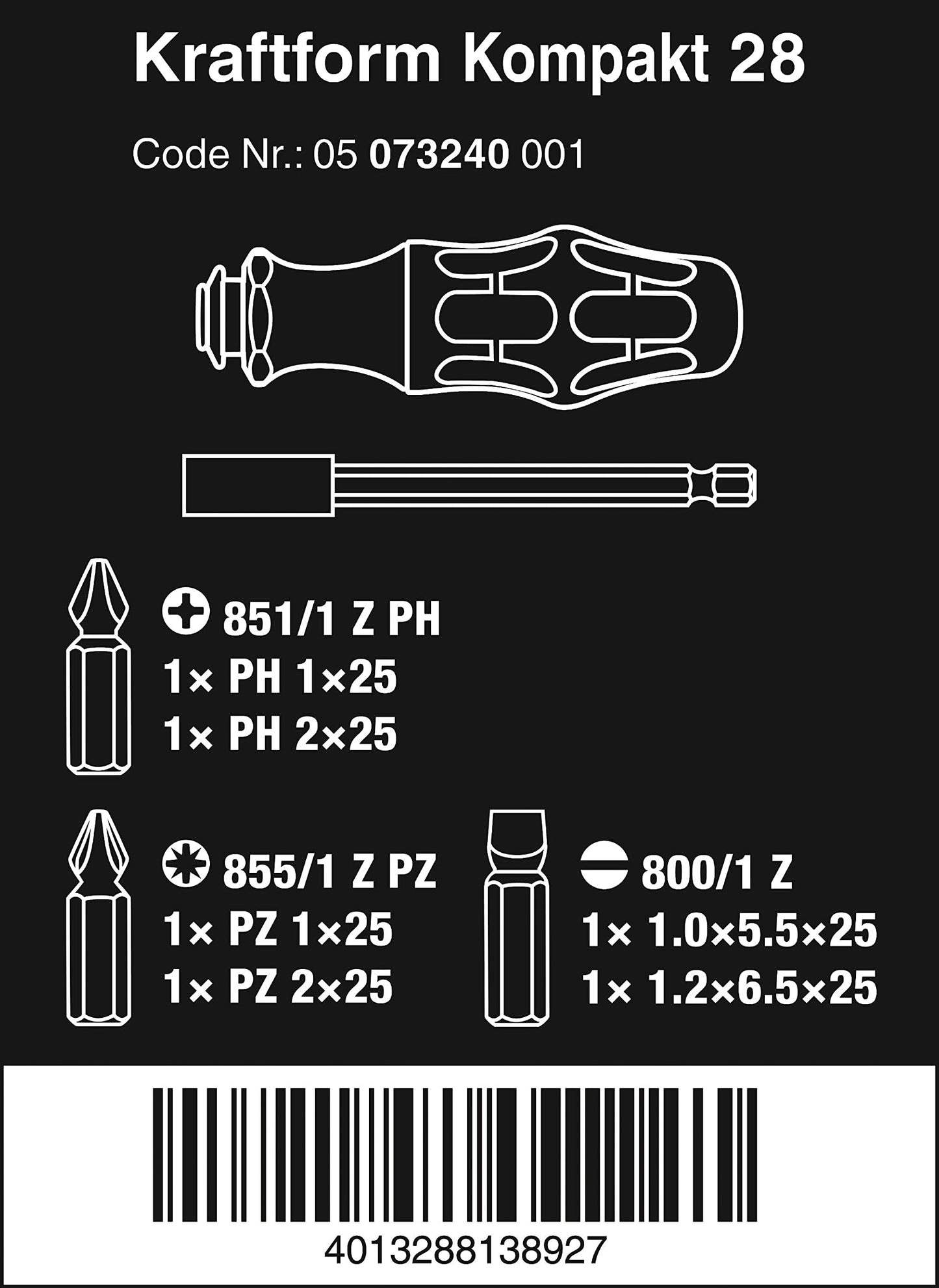 Wera 073240 Kraftform Kompakt 28 Screwdriver Bit Set,Multi-colour,0.25 inches