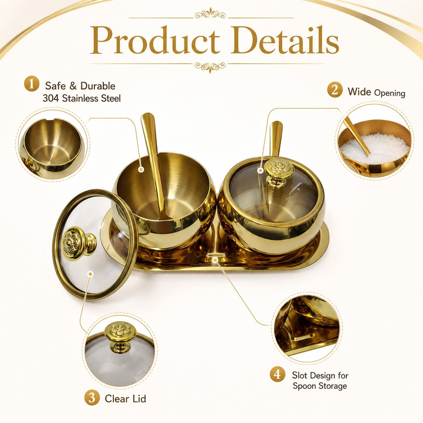 Toyosport 2 Pcs Stainless Steel Seasoning Jars with Tray, Spherical Sugar Container with Spoon & Clearn Lid for Salt, Pepper, 3.15 in Mouth, 3.54 in High, Coffee Bar Accessories, Gold