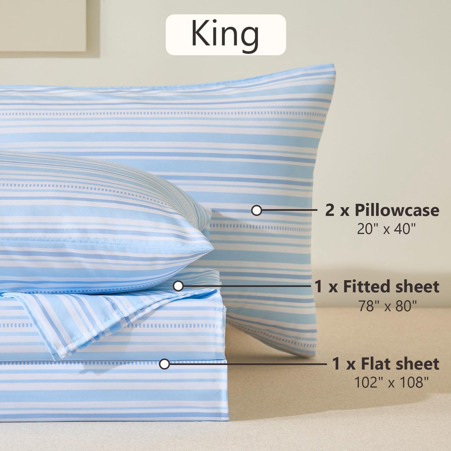 MCO 4Pieces Striped Sheets Set, Breathable King Sheet Set with 16" Deep Pocket,Modern & Luxury, Brushed Microfiber Bedding Set(King, Blue)