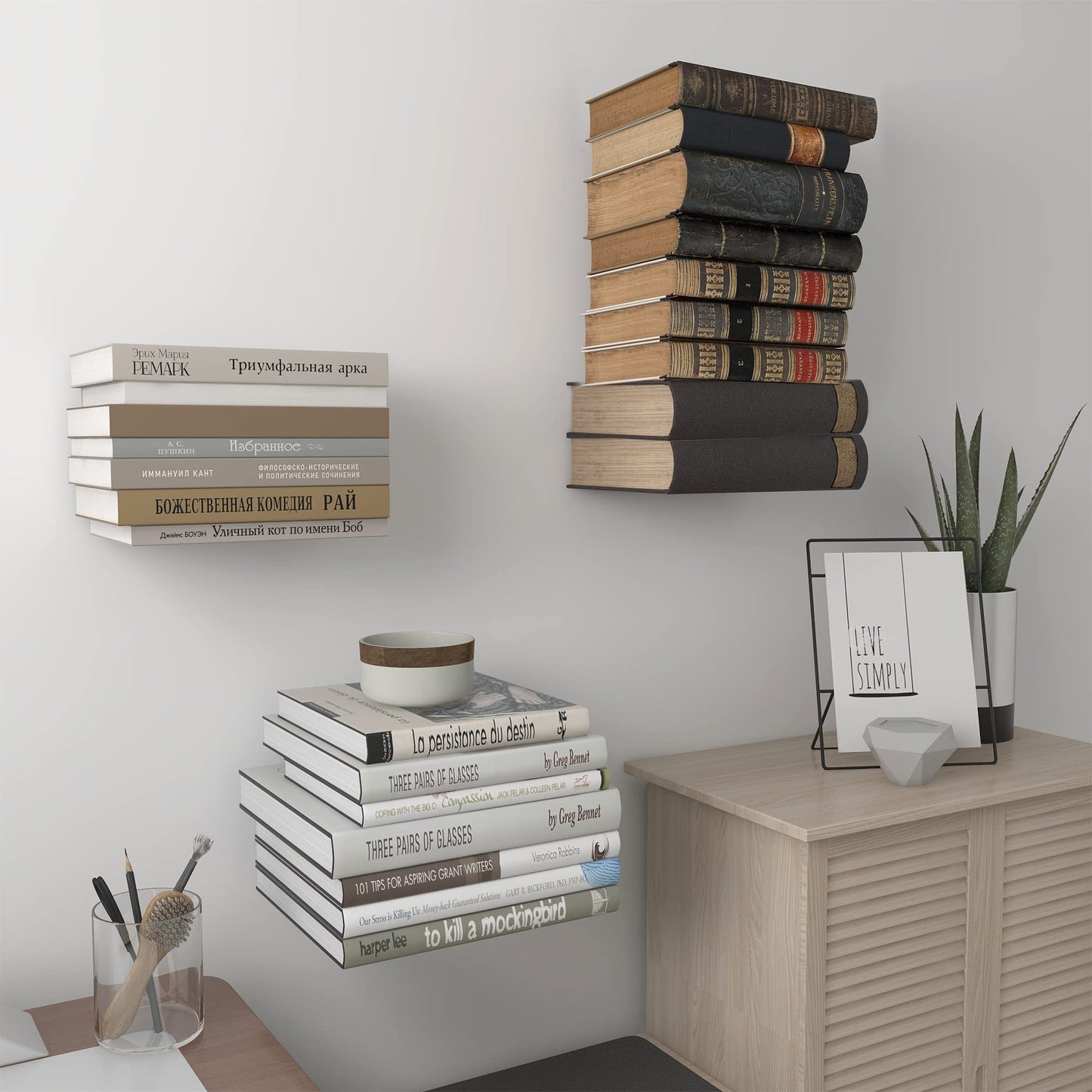 STORAGE MANIAC Floating Book Shelves for Wall Mounted Invisible Floating Bookshelves Heavy-Duty Steel Hidden Bookshelf Hanging Bookshelves for Bedroom Living Room Office, White 4-Pack Large