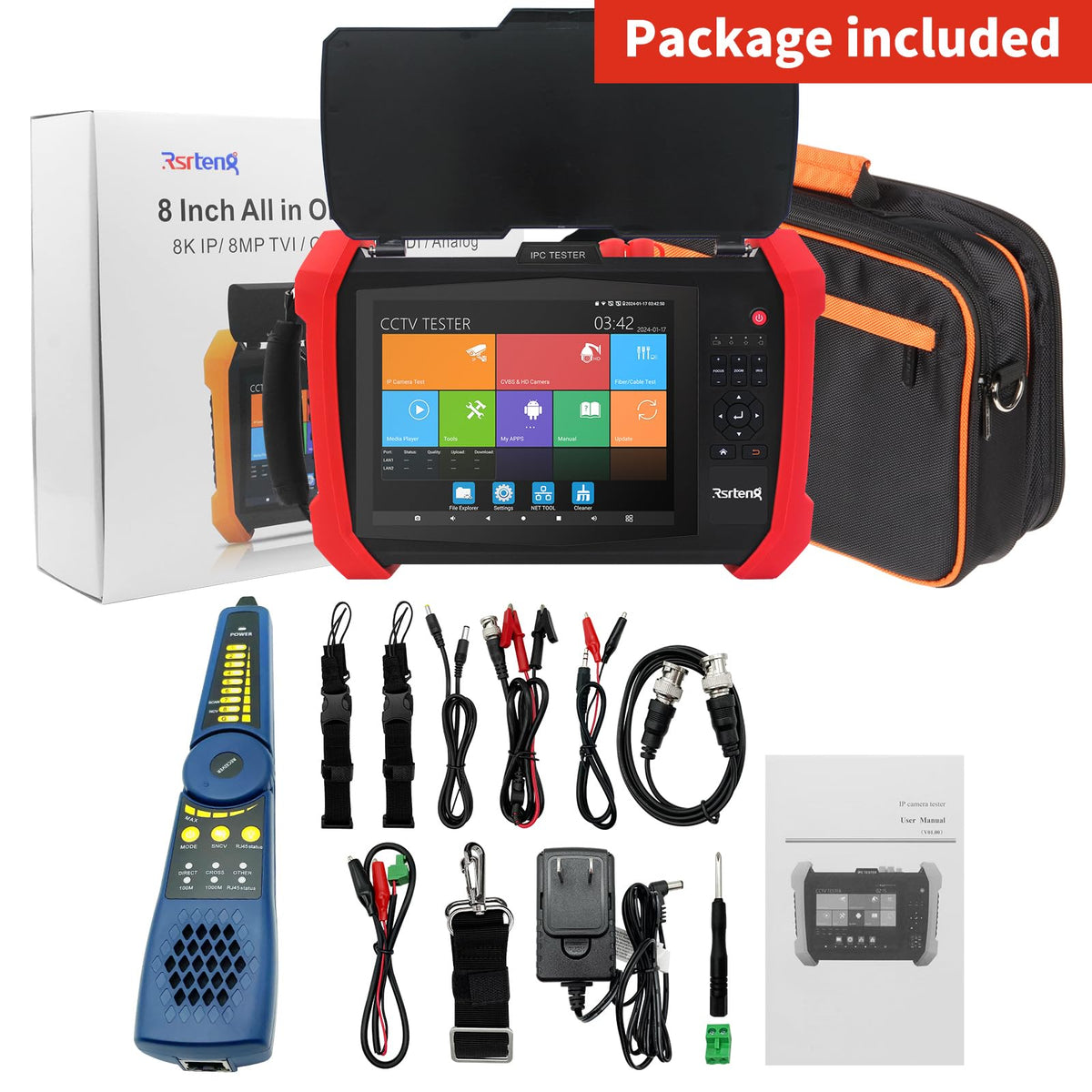 Rsrteng CCTV Tester 8K 32MP 12MP IP Camera Test POE++ Max 90W POE Camera Tester 4K 8MP TVI/CVI/AHD/SDI/CVBS WiFi Network Tools Cable Test Distance Meter 2CH SFP Port HD VGA DC Power Output