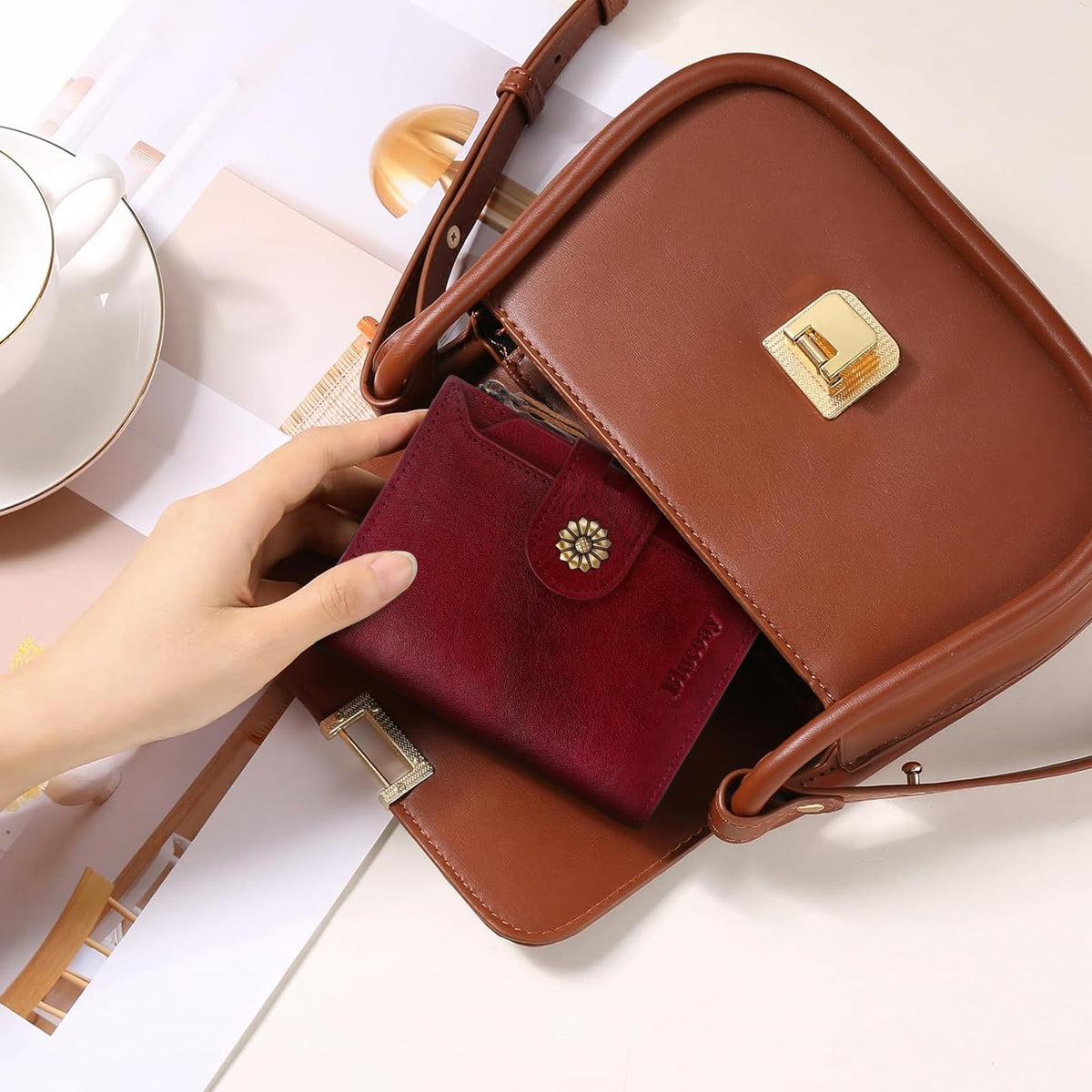 Blucoay Wallet Women,RFID Blocking Real Leather Womens Wallet Bifold Compact Card Holder Small Wallet for Women with Removable ID Window Red