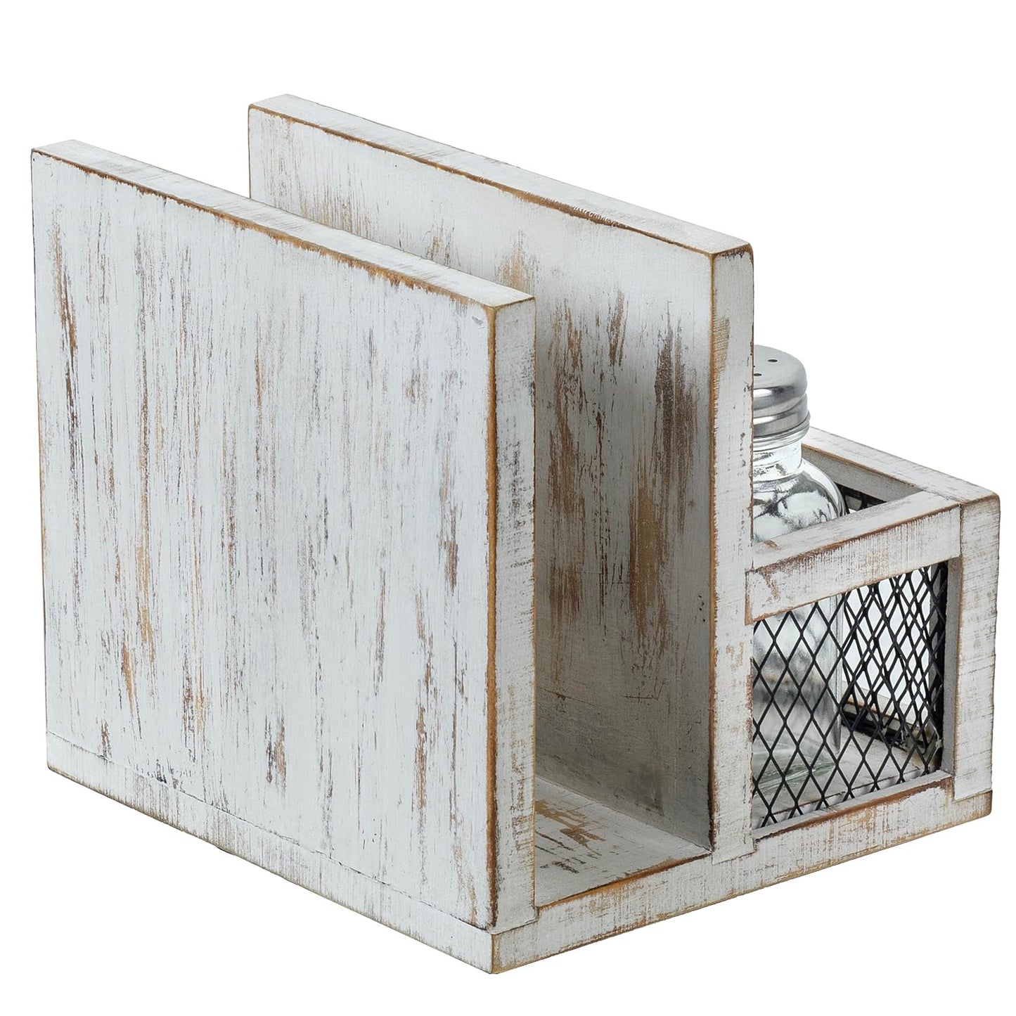 FARM IN Napkin Holder, Farmhouse Multifunctional Napkin Holder with Salt and Pepper Shakers Holder for Home and Commercial Use, Rustic Solid White Washed Wood & Diamond Metal Wire Mesh