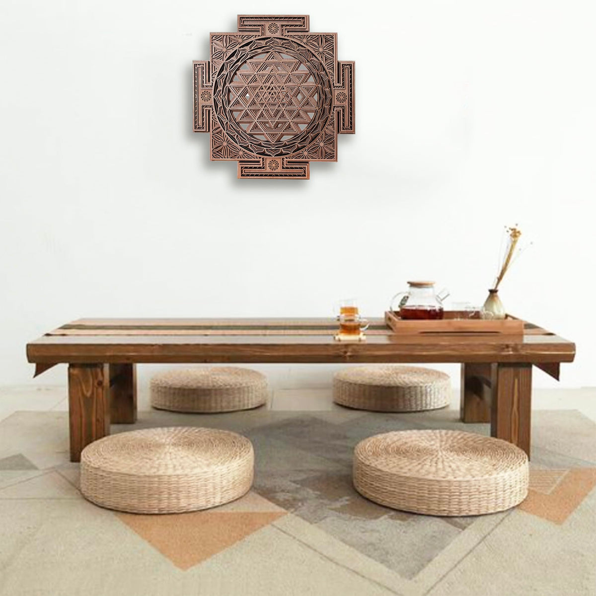 YIVFOX Handcrafted Sri Yantra Wall Art - Sacred Geometry Wood Carving for Spiritual Décor, Chakra Balancing and Meditation Space (11.8inch)