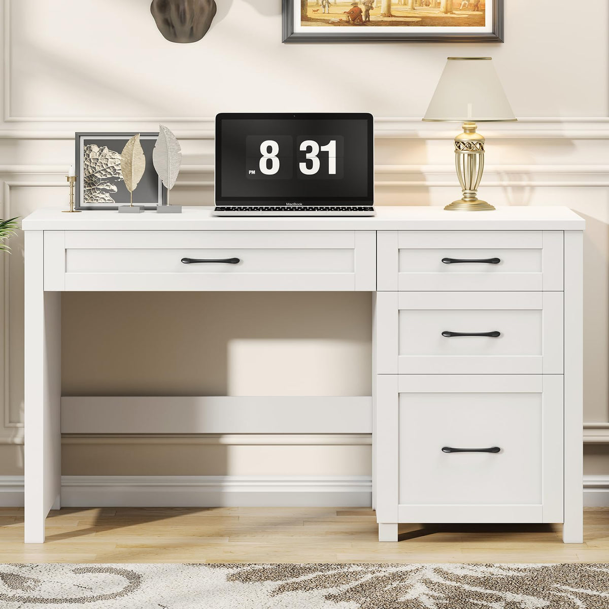 Halitaa Farmhouse 47" Executive Desk, Computer Desk with File Drawer and Charging Station, Workstation for Home Office, Study(Cream White)