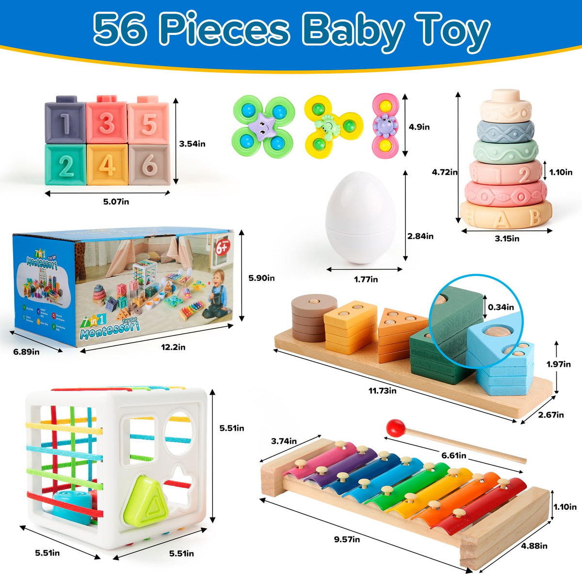 Somastung 7‑in‑1 Montessori Baby Toys for 6‑12 Months & 1+ Years, Infant Sensory Teething & Stacking Blocks | Wooden Shape Sorter, Xylophone Musical Toy, Birthday Gift for Toddlers 1‑3