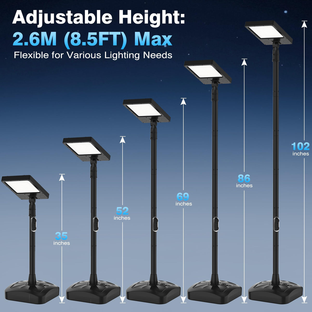 102" Solar Lamp Post Lights with Pole & Water Box Base, Outdoor IP65 Waterproof 3800LM 420 LEDs Solar Street Lights, Metal Flood Motion Sensor Lights for Yard, Garden, Patio, Lawn, Parking Lot