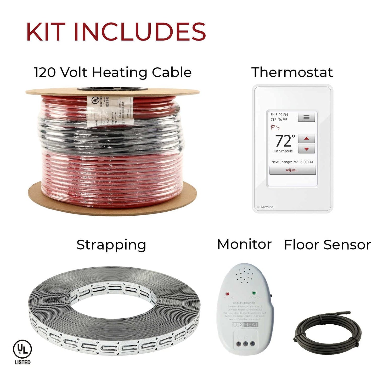 LuxHeat 25sqft Floor Heating Cable Kit - 120v Heated Tile Floor Kit - Heated Flooring System Includes UWG4 WiFi Programmable Thermostat w/GFCI, Electric Heat Cable, Strapping, Flooring Sensor & Alarm