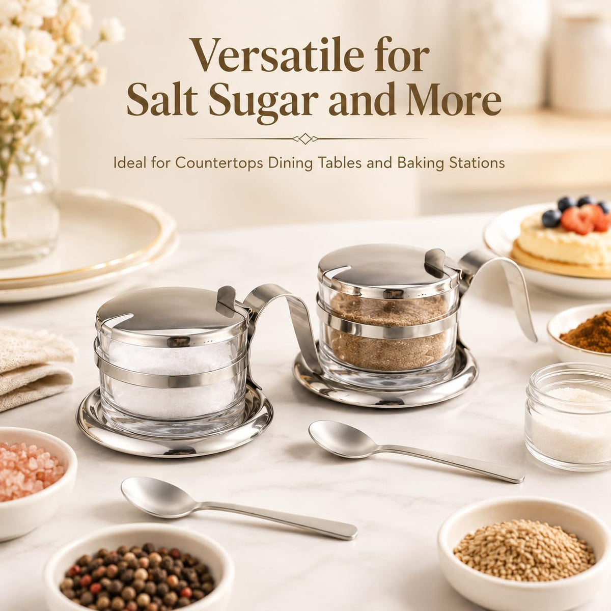2 PCS Stainless Steel Salt Server with Spoon, Glass Salt Cellar for Countertop, Heavyweight Seasoning Jar Set with Flip Lid, Elegant Sugar Pepper Container for Home Kitchen Baking Station
