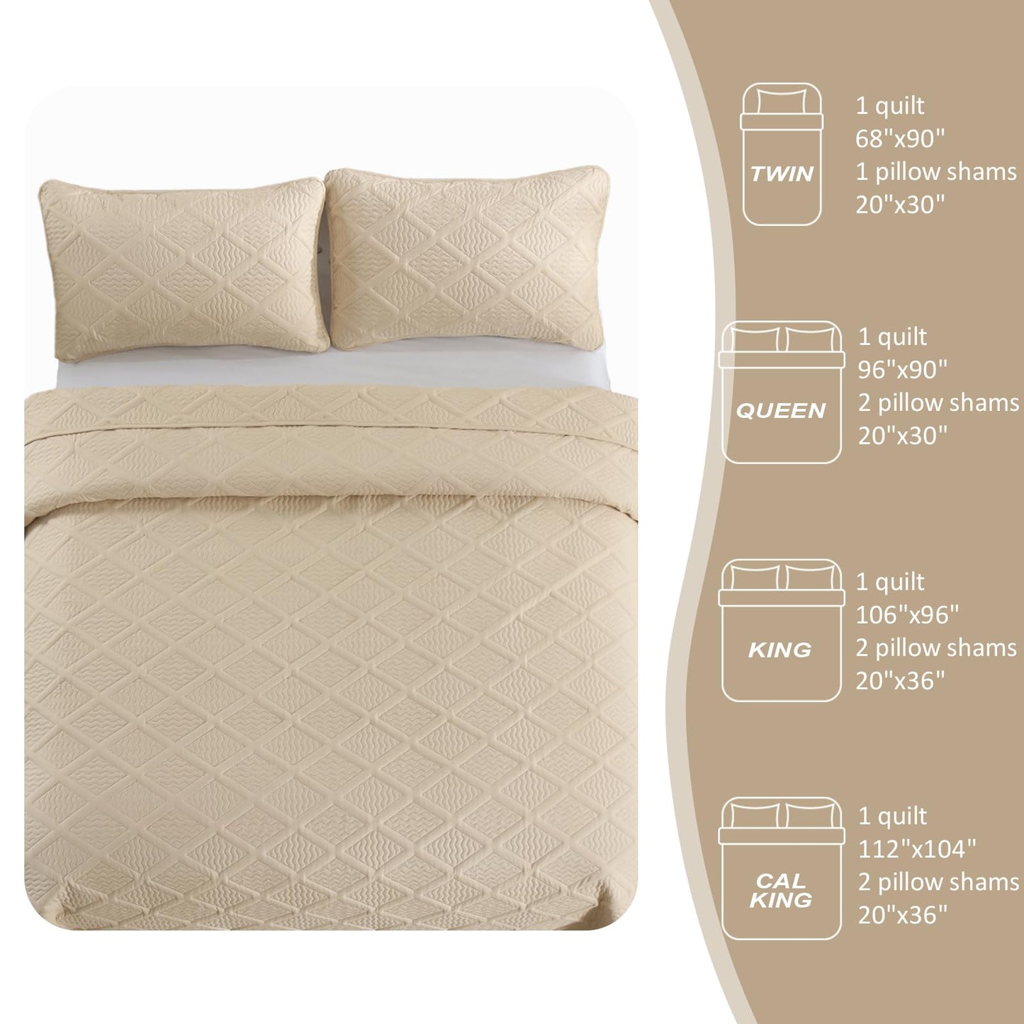 Yiran Camel Quilt Set Queen Size, 3 Piece Reversible Bedspreads Bedding Set, Fall Diamond Pattern Coverlet for All Season with 2 Pillow Shams (Full/Queen, 96x90 Inch)
