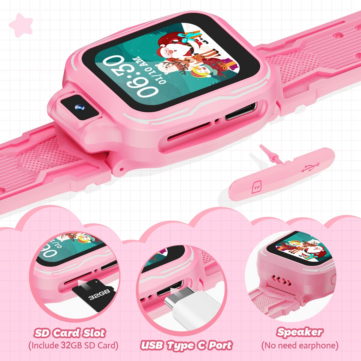 VANSING Kids Digital Watch Girls, Best Christmas Birthday Gifts for Age 3 4 5 6 7 8 9 Years Children,Touchscreen Toddler Sport Smart Watch with Camera FM MP3 Pedometer - Light Pink with 32GB SD Card