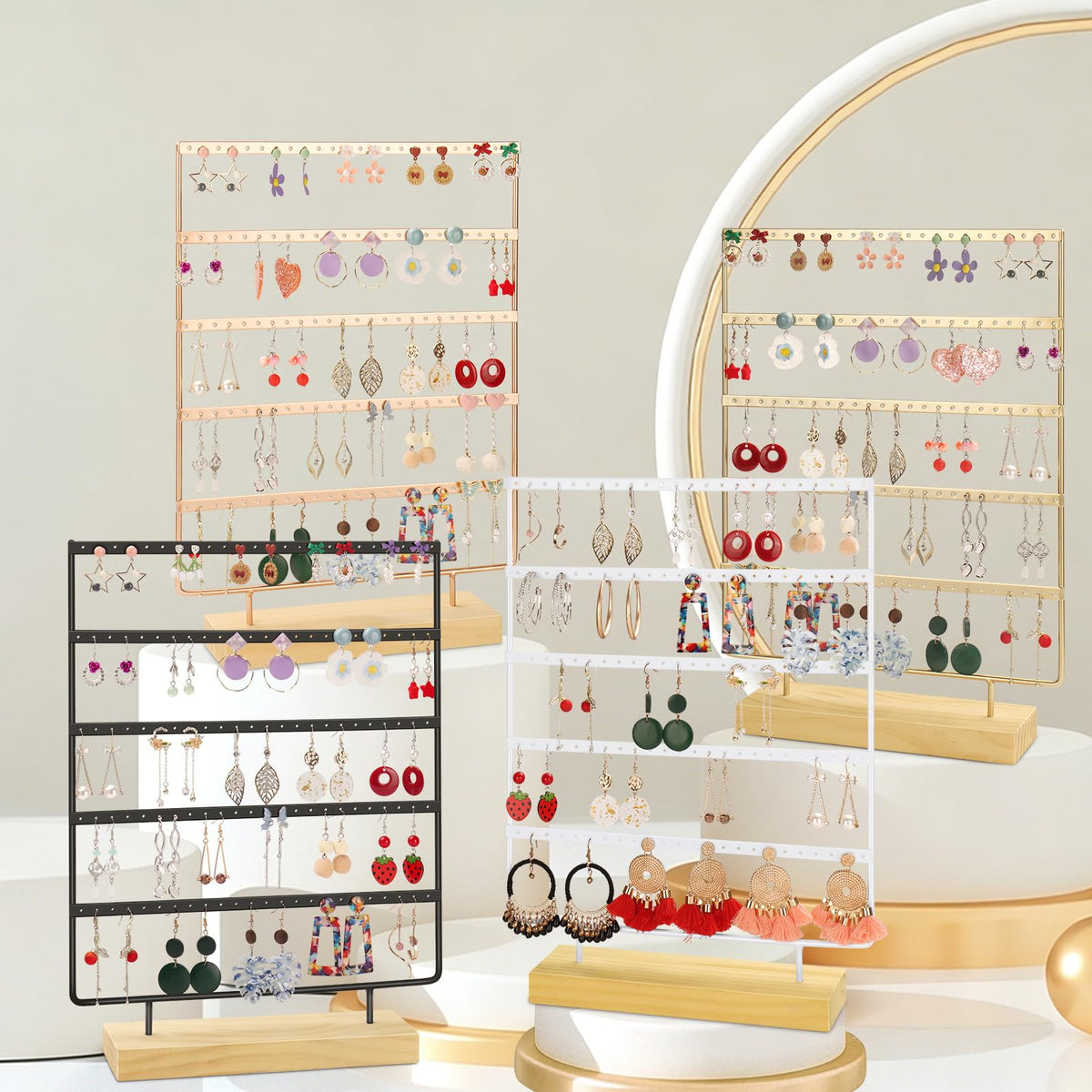 RUINENGDA Jewelry Organizer, 5 Tiers Earring Organizer with 120 Holes for Storing and Displaying Earrings of Various Styles, Models and Sizes, Removable Wooden Base for Home and Store Use