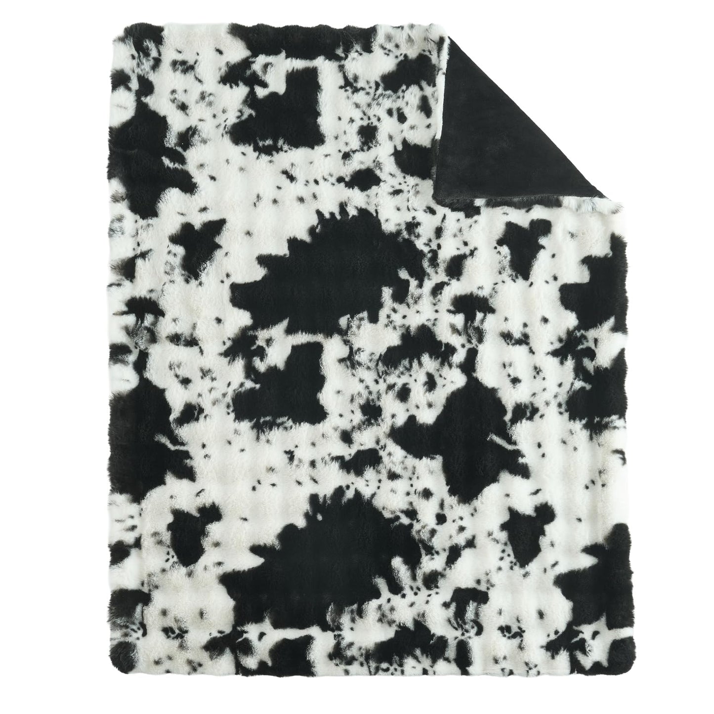Lotus Karen Faux Fur Throw Blanket Cow Print-Black, Fluffy Fuzzy Plush Bubble Blanket for Couch, 60x50 Inches Cozy Shaggy Rabbit Blanket, Luxury Decorative Gifts for Sofa Bedroom Living Room.