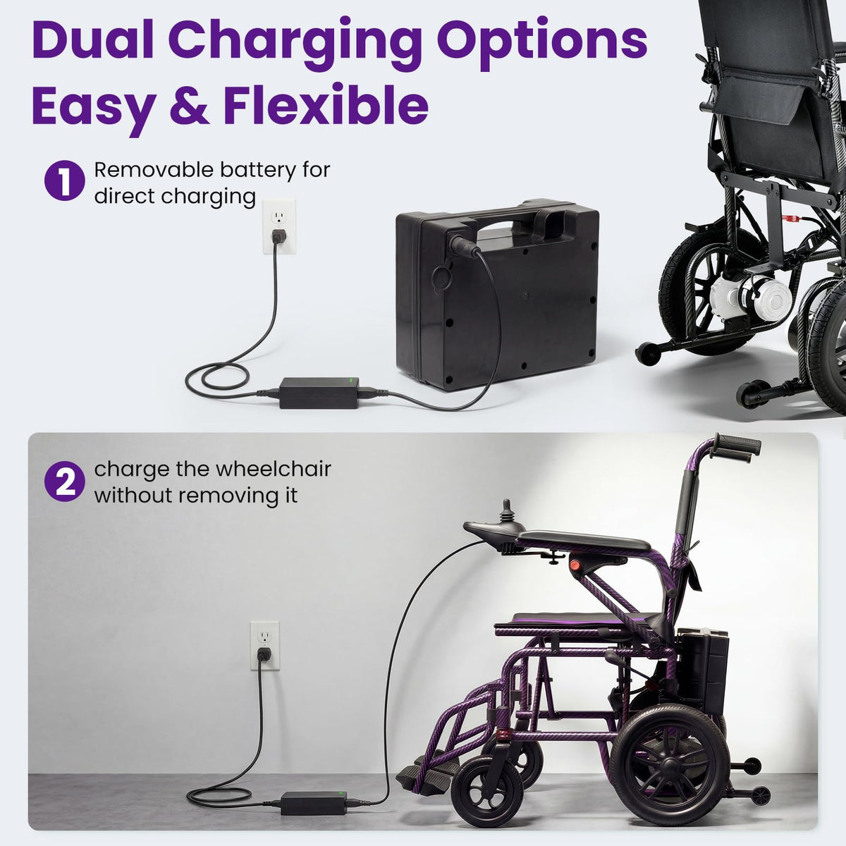 Electric Wheelchairs for Adults,Lightweight Foldable Wheelchair 15 Miles Long Travel Range, 360° Joystick Control Motorized Wheelchair, Support 286 lbs with LED Light Power Wheelchair (Purple)