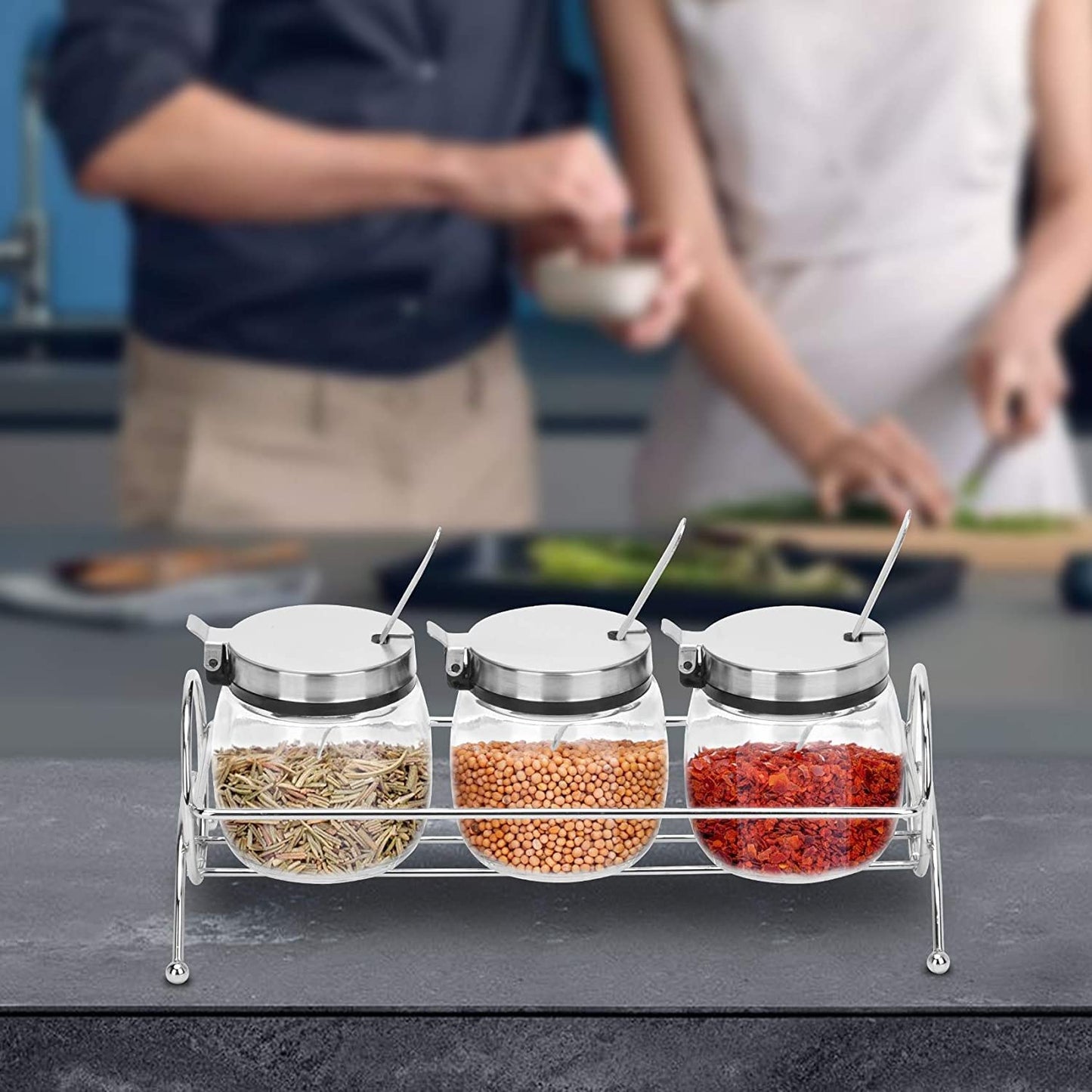 onlyfire Condiment Jar Spice Container with Lids, Stainless Steel Serving Spoons, Base Rack and Labels - Glass Seasoning Bottles Kitchen Accessories | Set of 3