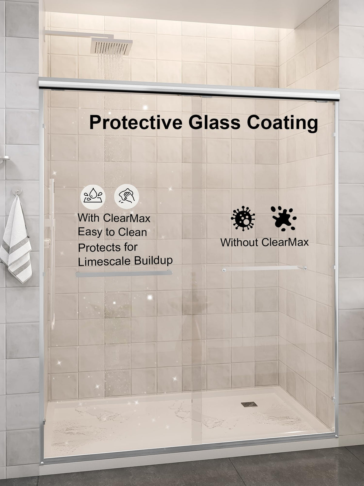 Glass Shower Door, 56"-60" W x 72" H Sliding Shower Door, Aluminum Semi-Frameless & 1/4"(6mm) Clear Tempered with Explosion-Proof Film Nano Coating Shower Door Fit for Walk in Shower, Chrome Silver