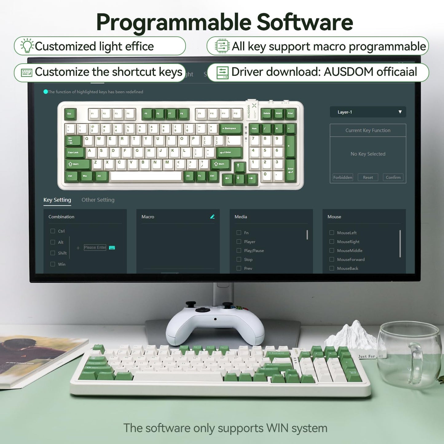 AUSDOM 98Pro Silent Mechanical Keyboard, Wireless Hot Swappable Gaming Keyboard with Backlit,Gasket Structure,Pre-lubed Tactile Switches,2.4GHz/Type-C/Bluetooth Custom Keyboards (Green & White-Silent)