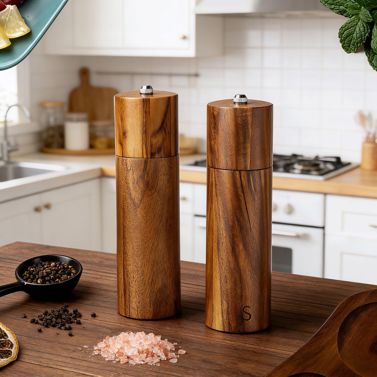 Wooden Salt and Pepper Grinder Set with Tray, 8 Inch Manual Mills, Adjustable Coarseness & Refillable, Gold Bottle Label, Natural Wood for Kitchen, Home, Christmas Gift