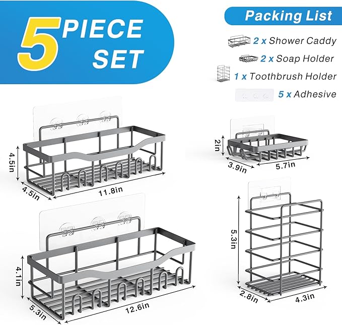 EUDELE 5-Pack Rustproof Stainless Steel Shower Caddy – No Drill Adhesive