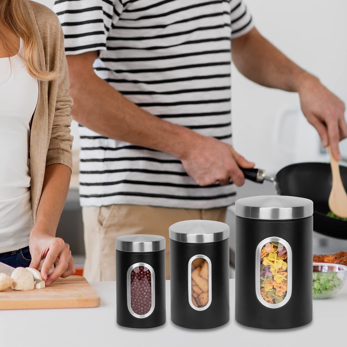 AEUNKIUO Black Kitchen Counter Canister set 3 pieces, 0.9/1.6/2.9 Quarts Stainless Steel Flour Sugar Tea Coffee Biscult Storage Containers with with Long Wood Spoon&Visible