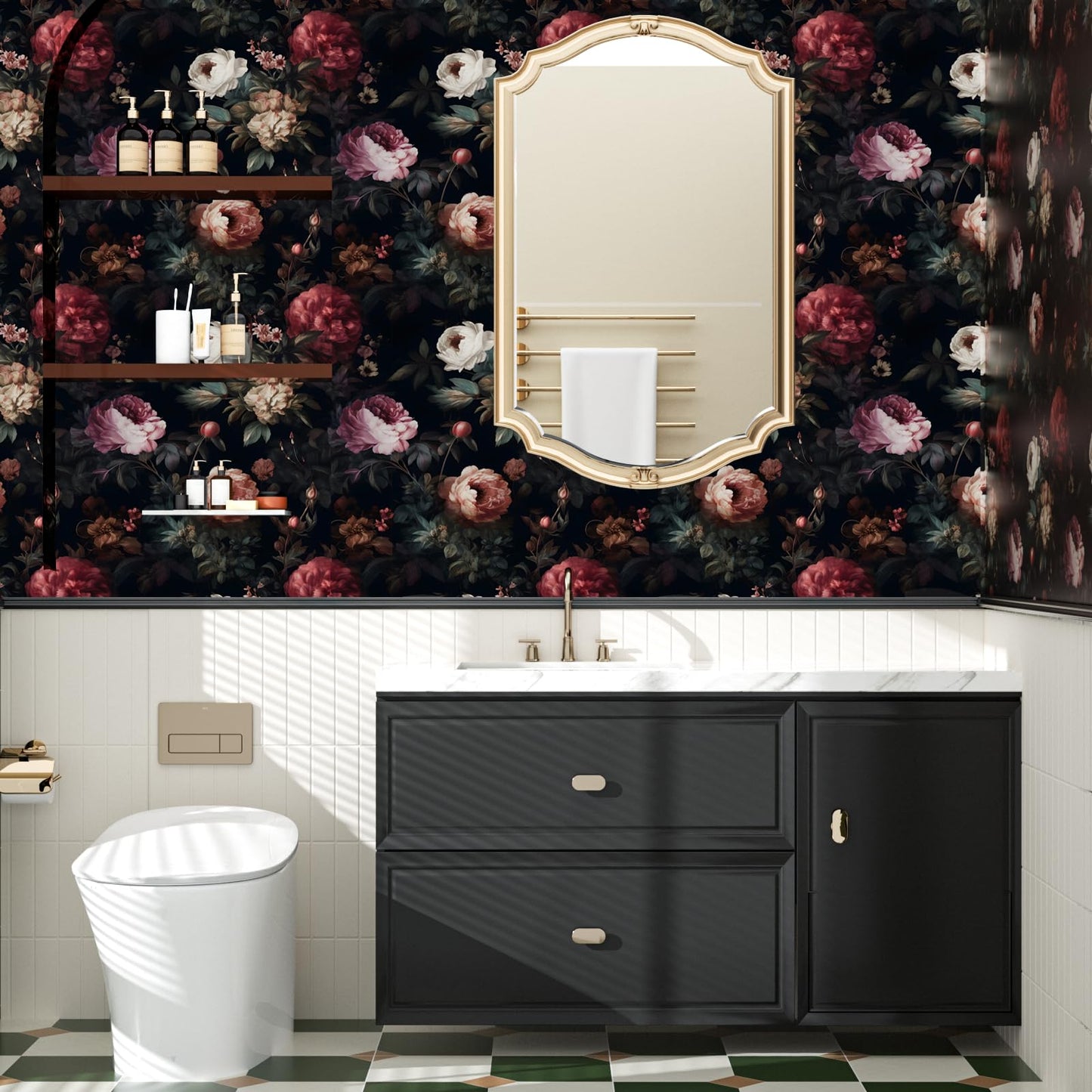 XRUIBZI Dark Floral Peel and Stick Wallpaper Vintage Gothic Contact Paper Pink Goth Flower Wall Mural Home Vinyl Waterproof Self Adhesive Removable Renter Friendly Wall Paper 17.5" x 118"