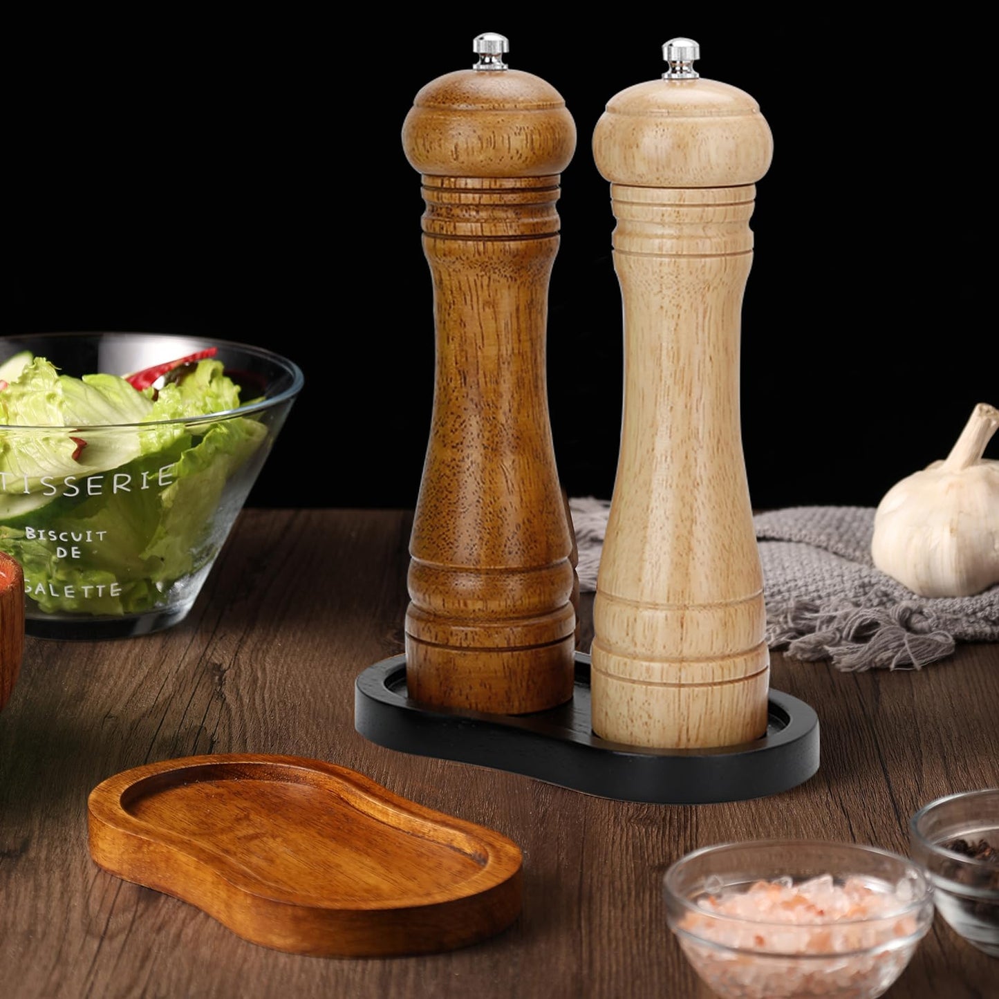 BINHAI Black Salt and Pepper Mill Tray, Pepper Grinder Wood Rest, Work Surface and Dining Table Protector (Pepper mill not included)