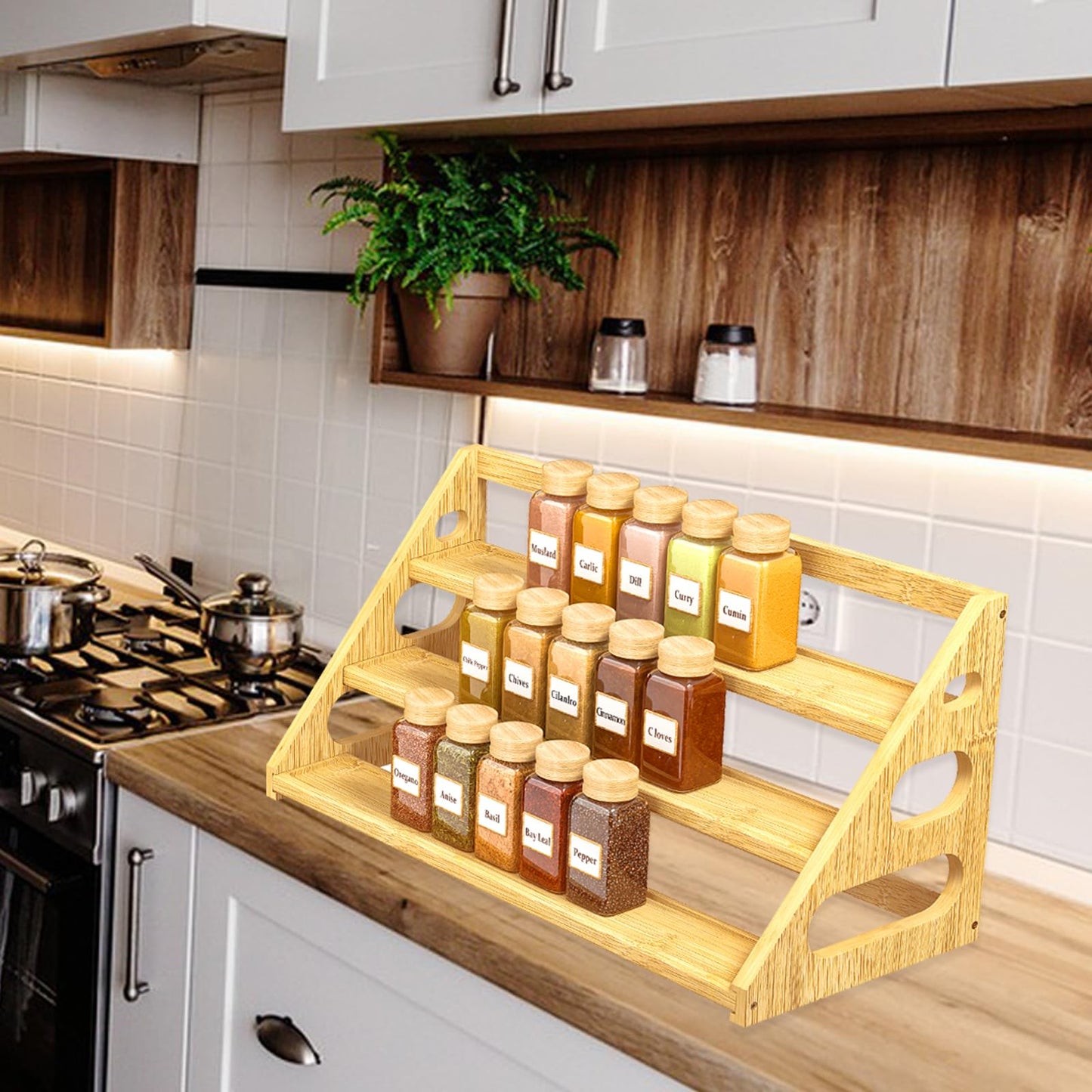 Banlilus Premium Spice Rack - 3 Tier Bamboo Spice Rack Organizer - Spice Organization for Kitchen Cabinet/Countertop