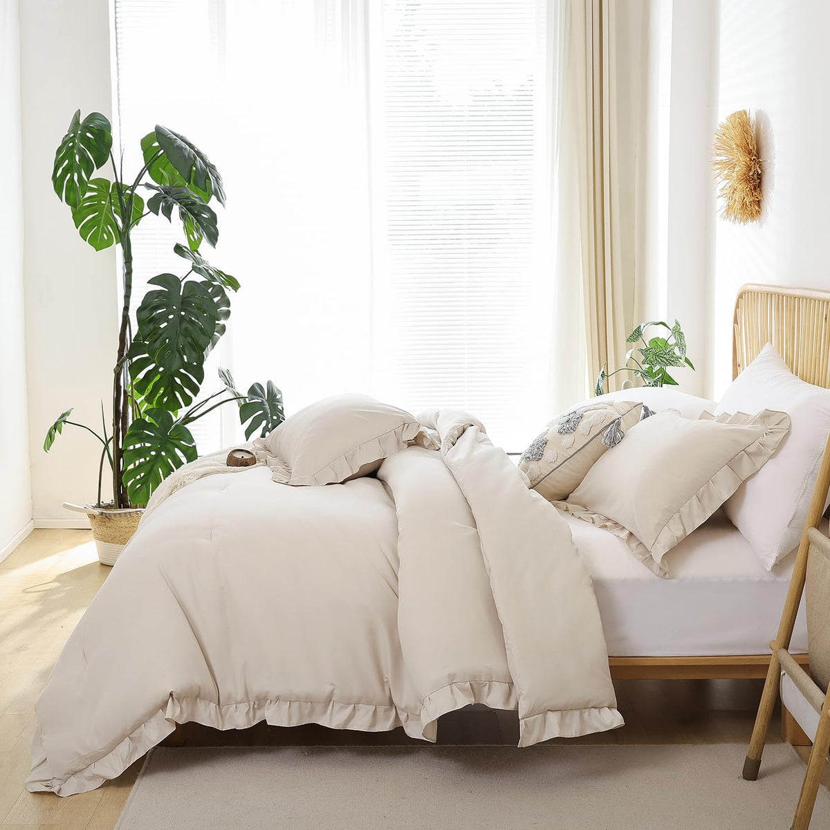 JANZAA Beige Comforter Set Queen – Soft Microfiber, Lightweight All Season Bedding, Ruffle Shabby Chic Aesthetic, Breathable Cozy Bed Set with 2 Pillow Shams, Machine Washable