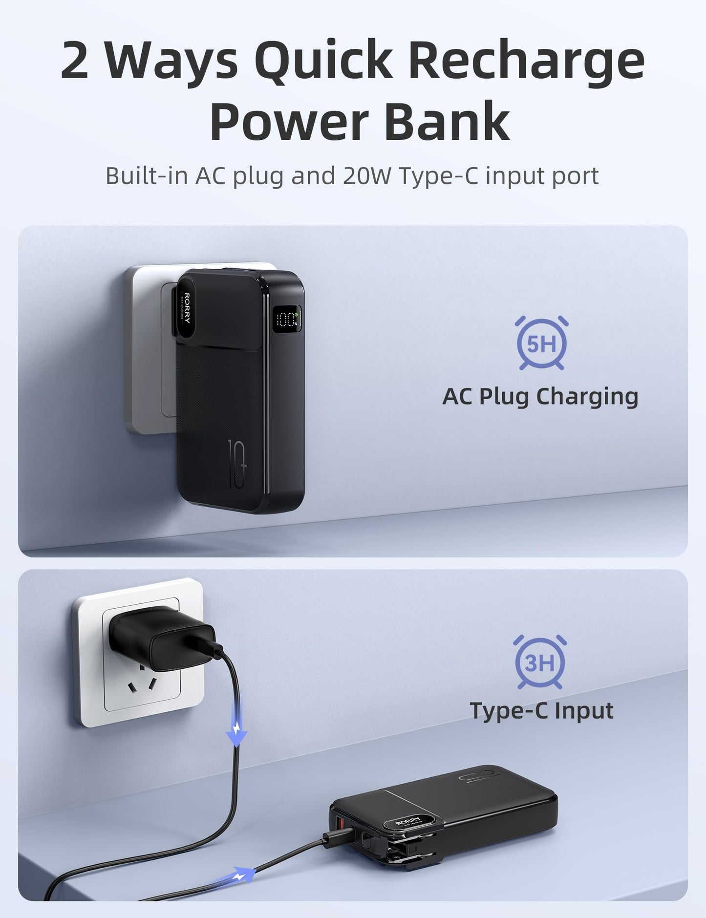 RORRY Portable Charger Built in Cables, AC Wall Plug In Portable Charger Power Bank 10000mAh Travel Battery Pack 22.5W Fast Charging for iPhone 17/16/15 Samsung Galaxy S25/S24/S23 Pixel LG iPad, Black