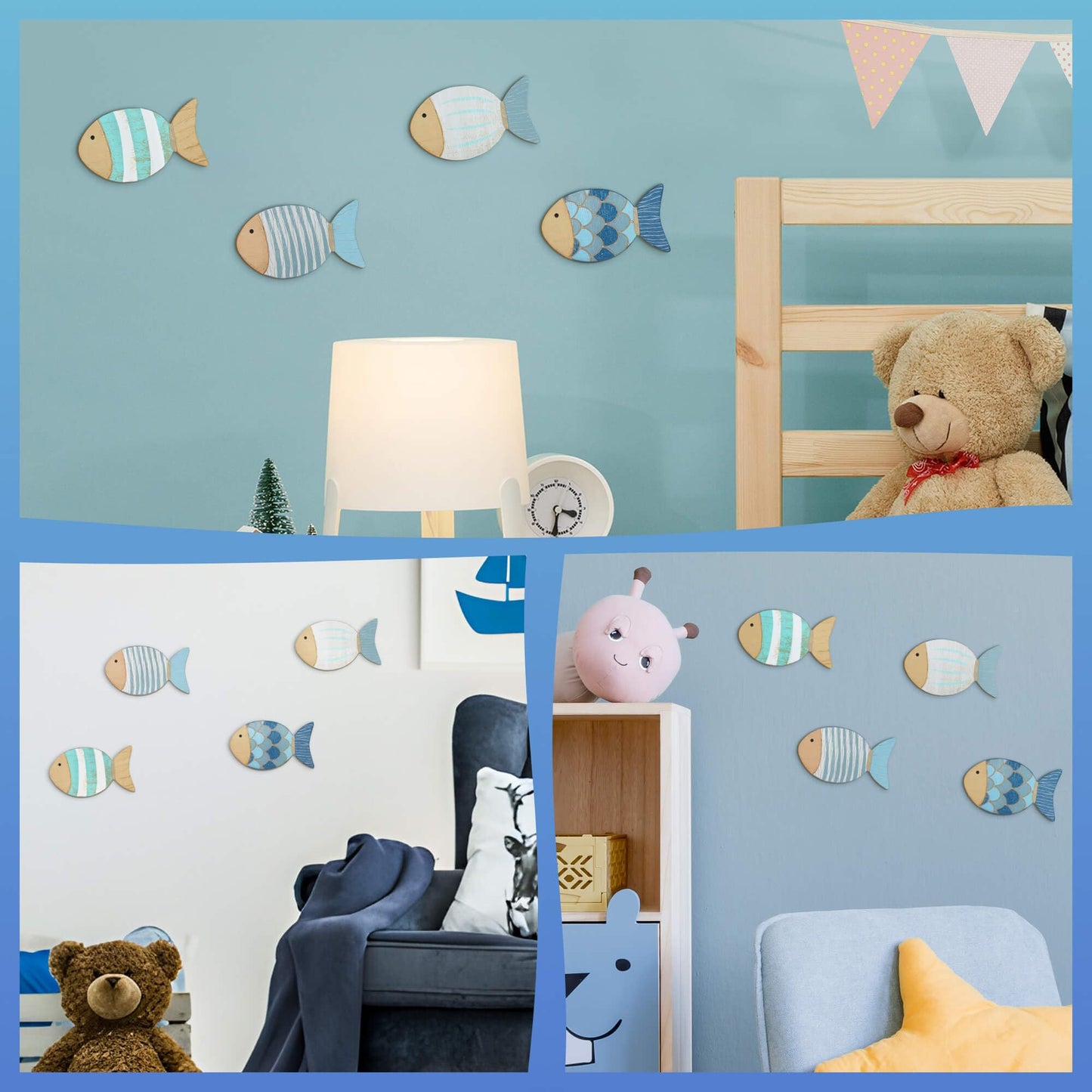 Putuo Decor 4 Pcs Wood Fish Wall Art, Nautical Beach Decor, Wooden Fish Hanging Sculptures, Blue (5.5 In)